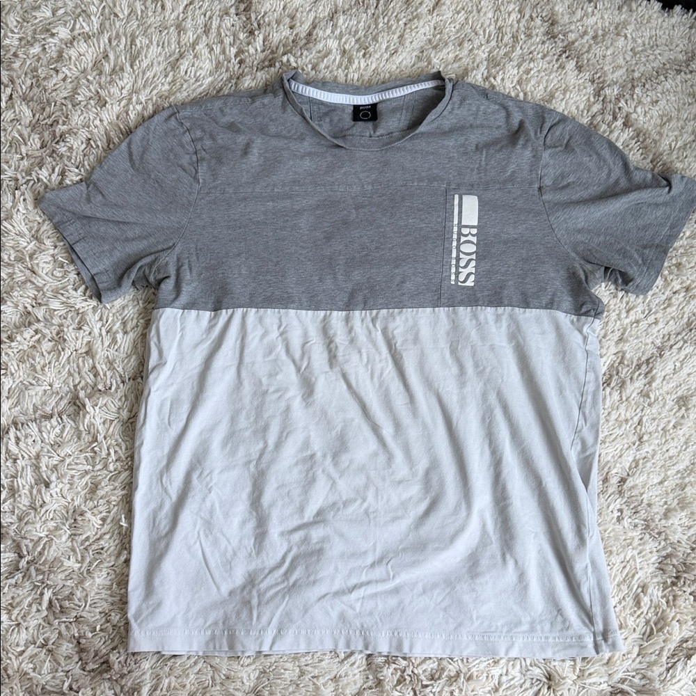 BOSS Two-Tone Gray Crew Tee with Vertical Logo